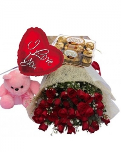24 Red Roses,small Bear,Ferrero Rocher Chocolate with I Love U Balloon