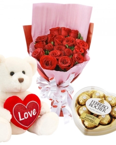 2ft White Bear with 12 Red Roses and ferrero heart & pillow