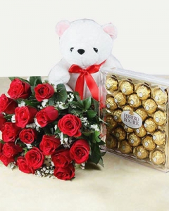 24 Red Roses with 24 Pcs Ferrero Rocher & Teddy
